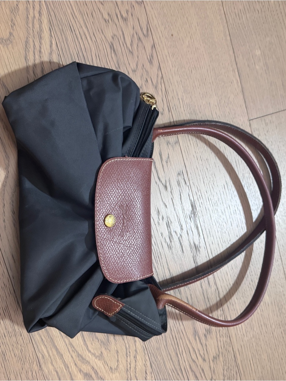 Longchamp le Pliage charcoal gray Tote with Brown Leather Trim and Gold Hardware